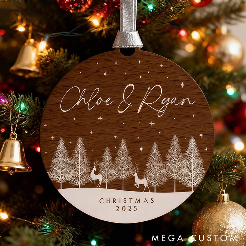 Personalized Woodland Scene Deer Couple Ornament 2D Flag Faux Wood Chrismas Decoration Keepsake Gift for Newlyweds Gift for Wife Husband