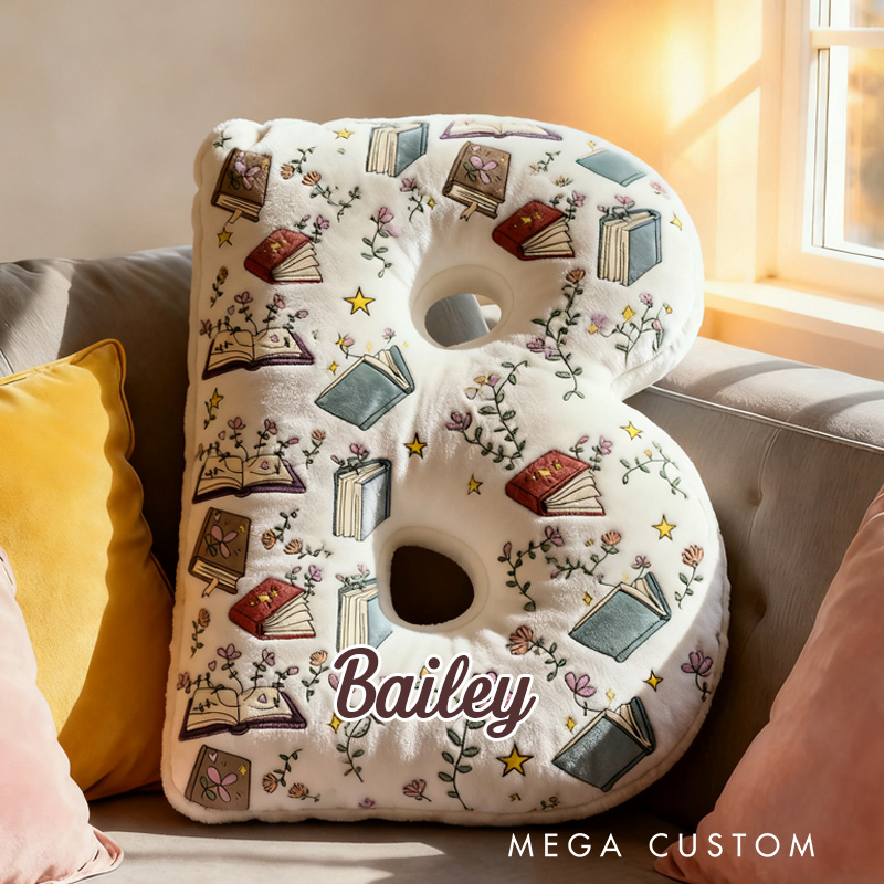 Personalized Floral Book Alphabet Throw Pillow Bookworm Letter Pillow with Name Bookish Initial Kids Pillow Gift for Book Lover