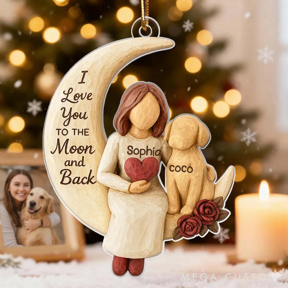 Personalized Dog Lover Woman and Dog Love to the Moon Ornament