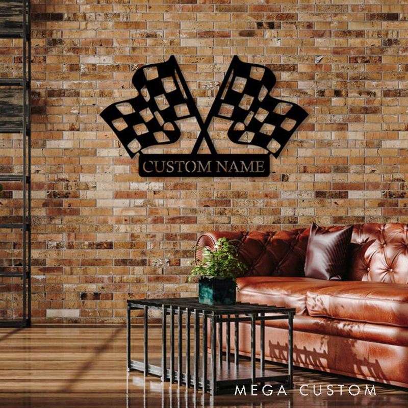 Personalized Checkered Flag Racing Metal Sign Custom Name Wall Art for Racers and Racing Lovers