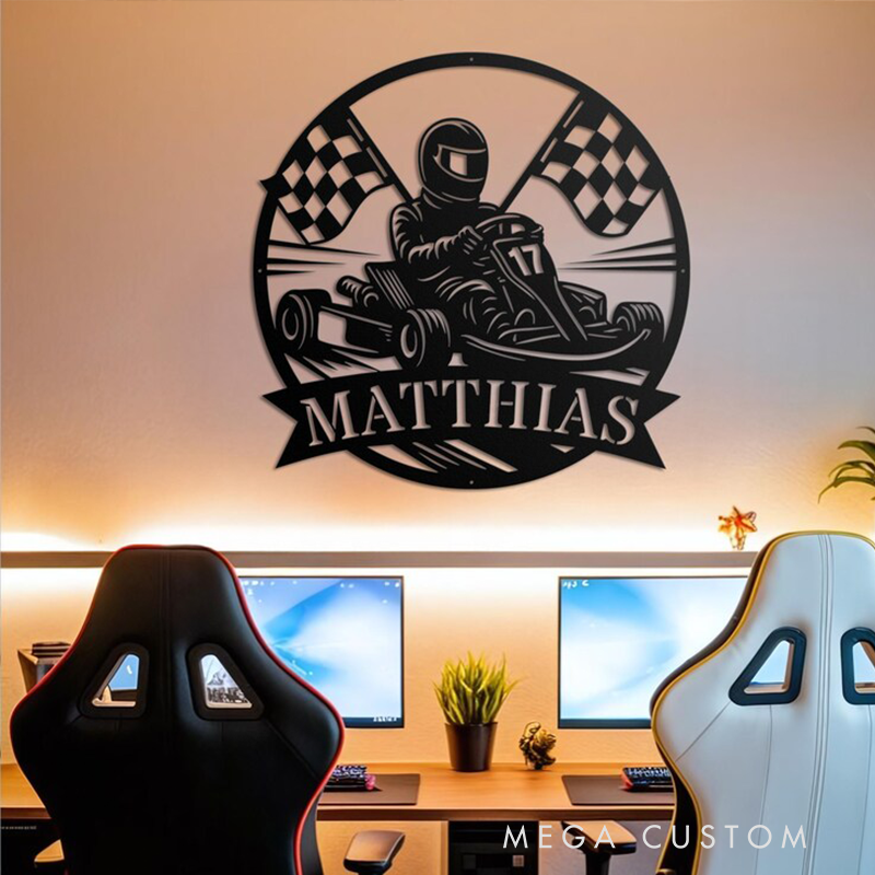 Personalized Go Kart Racing Metal Sign Custom Name Illuminated Wall Art Gift for Drivers and Racing Fans