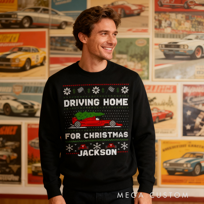 Personalized Racing Christmas Sweater Custom Name Holiday Jumper Gift for Car Lovers and Motorsports Fans