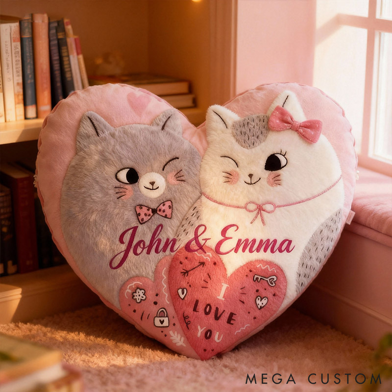 Personalized Couple Cats Heart Pillow with Name Custom Couple Valentine's Day Gift for Girl Christmas Gift for Girlfriend Wife