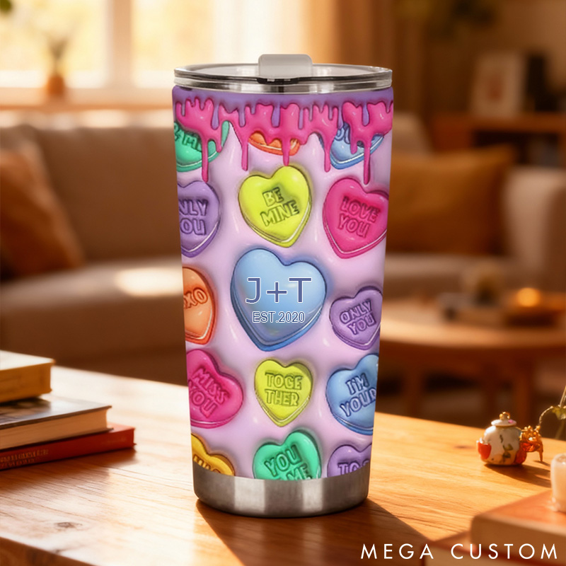 Personalized Couple Colorful Heart Tumbler 3D-Like Effect Tumbler for Boyfriend Couple Christmas Gift Water Bottle