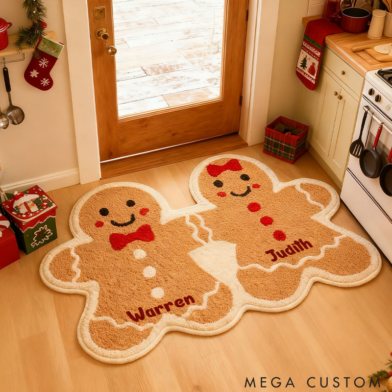 Personalized Couple Gingerbread Graphic 3D Print Christmas Rug Custom Newlyweds Christmas Carpet Our First Christmas Gift for Him Her Husband Wife
