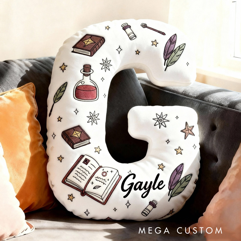 Personalized Magic Book Alphabet Throw Pillow Bookworm Letter Pillow with Name Vintage Bookish Initial Kids Pillow Gift for Book Lover