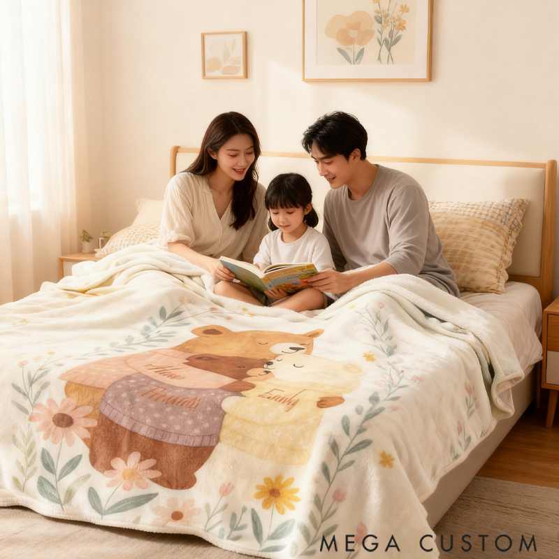 Personalized Family Bear Blanket Custom Name Christmas Gift for Mom Grandma