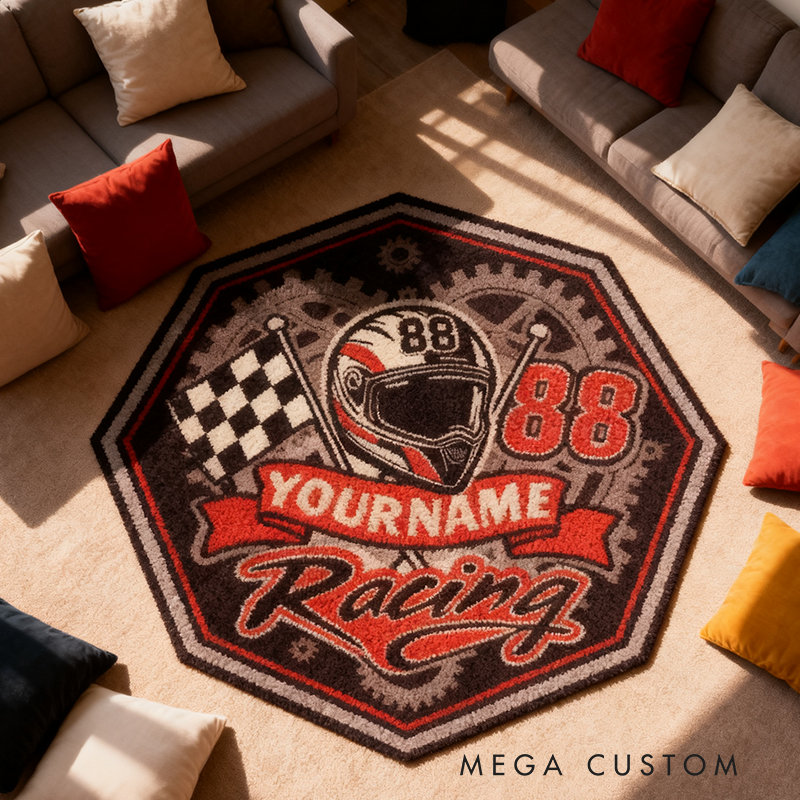 Personalized Racing Rug Custom Name Race Track Theme Carpet for Garage Bedroom or Living Room
