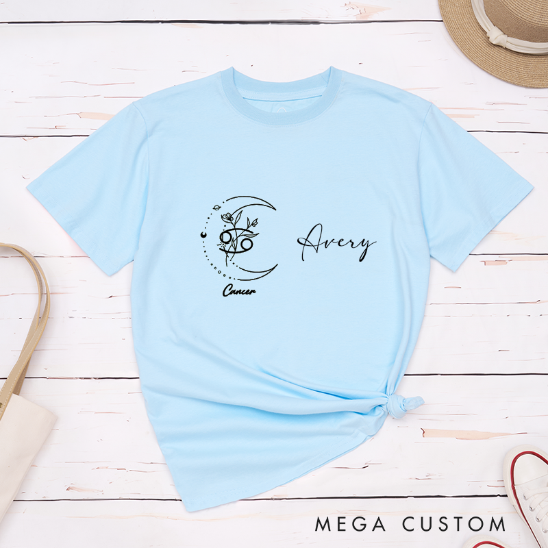 Personalized Cancer Zodiac Symbol Classic T-Shirts Custom Name Moon Floral Astrology Sign Birthday Gift Unisex Horoscope Shirt for Men and Women