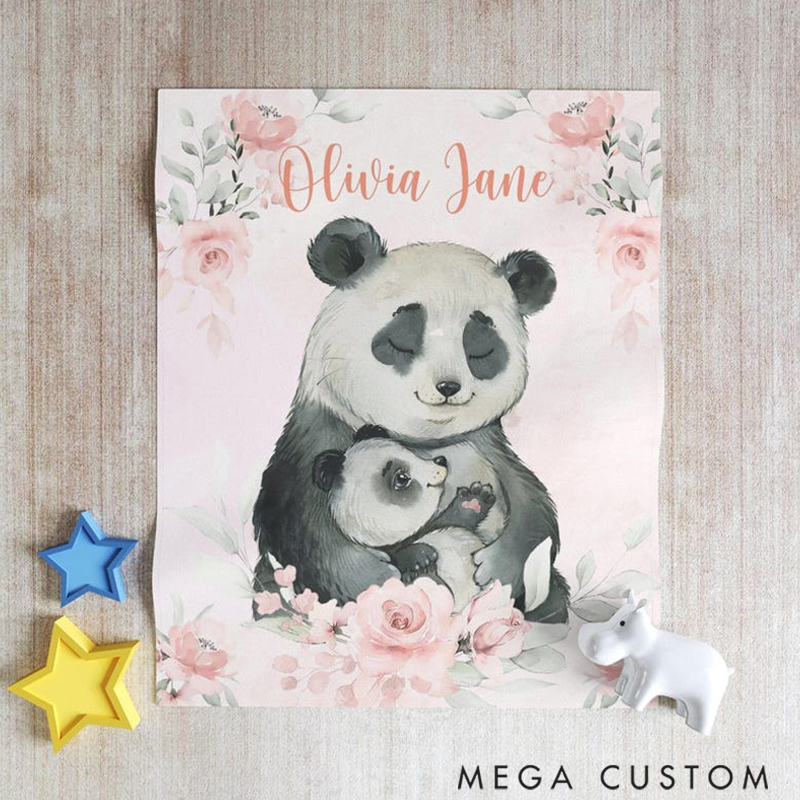 Personalized Mom and Baby Panda Custom Name Floral Panda Blanket Flowers Christmas Gift for Mom Grandma
