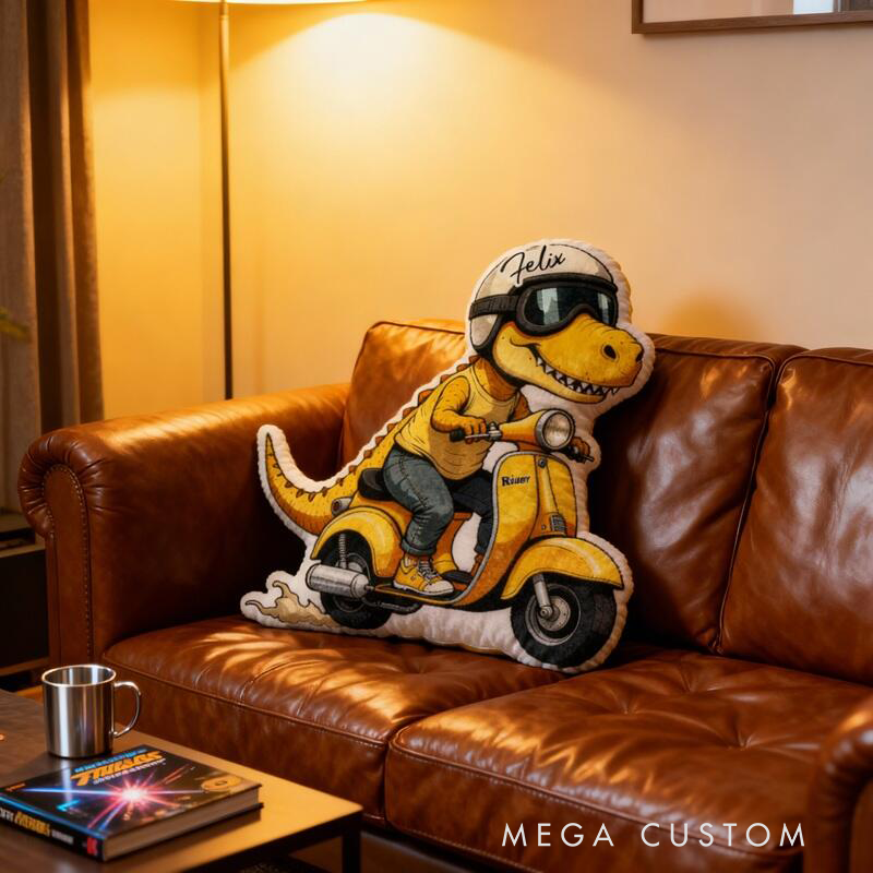 Personalized Cartoon Shaped Pillow Helmet Dinosaur Riding An Electric Bike Cool Gift for Motorcycle Lovers