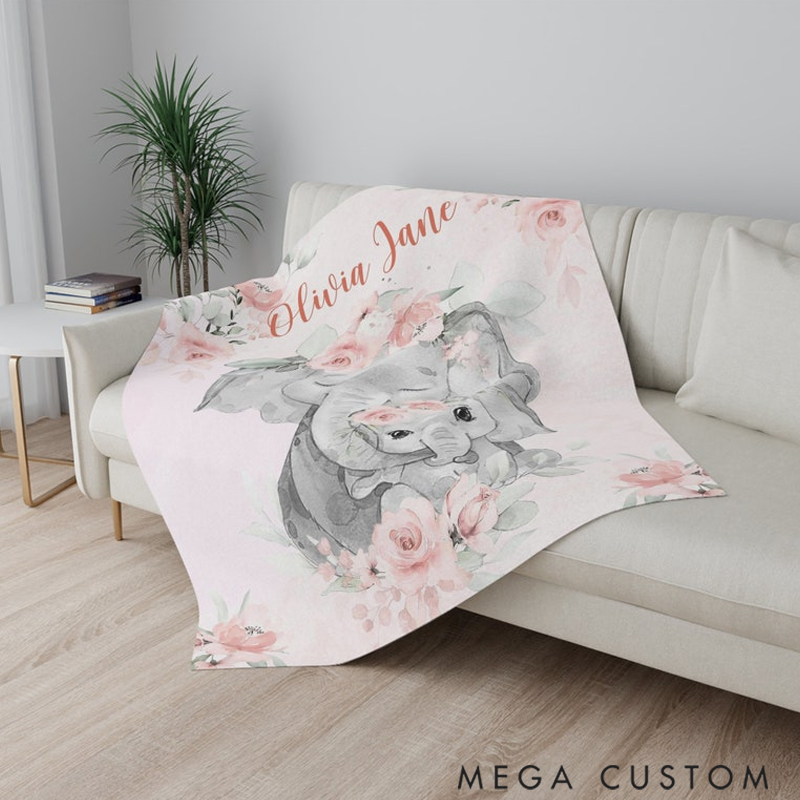 Personalized Mom and Baby Elephant  Custom Name Floral Elephant  Blanket Flowers Room Decor for Mom Grandma kids