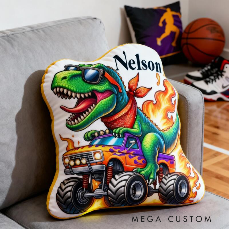 Personalized Dinosaur Monster Truck Pillow Custom Name Plush Cushion Cute Gift for Motorcycle Lovers and Motorcyclists