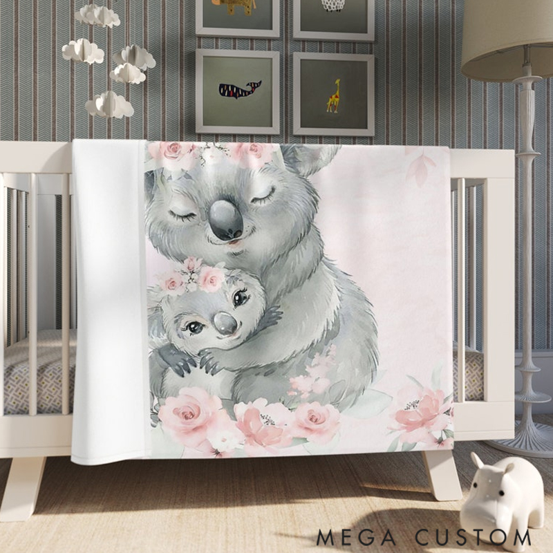 Personalized Mom And Baby Koala Custom Name Floral Elephant  Blanket Flowers Room Decor for Mom Grandma kids