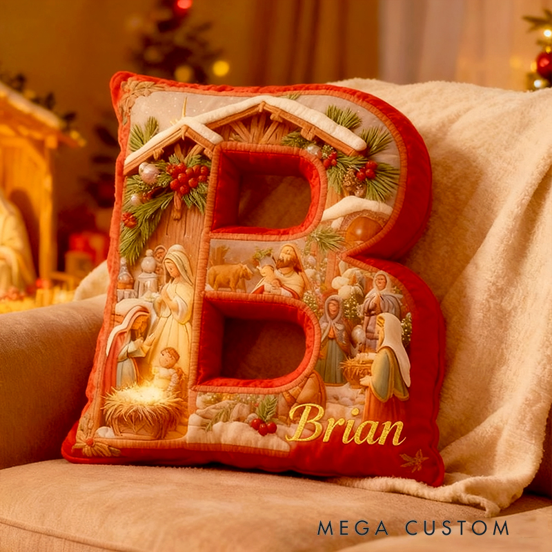 Personalized Nativity Scene Letter Pillow with Custom Name Christmas Festive Home Decor Graphic 3D Print Christian Gift Religious Gift