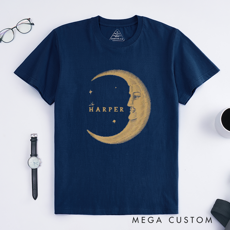 Personalized Moon Face Vintage Classic T-Shirts Custom Name Celestial Graphic Unisex Gift for Birthday Anniversary Unique Present for Him or Her 