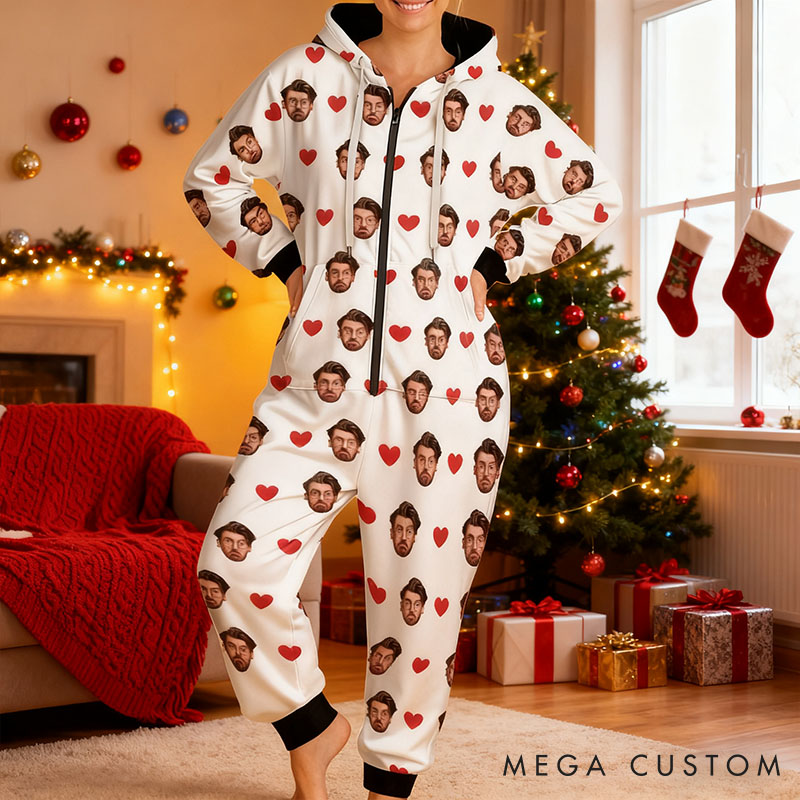 Personalized Photo Adult Onesie for Girlfriend Wife Custom Anniversary Christmas Gift Women's Onesie with Husband Face Wear Your Love