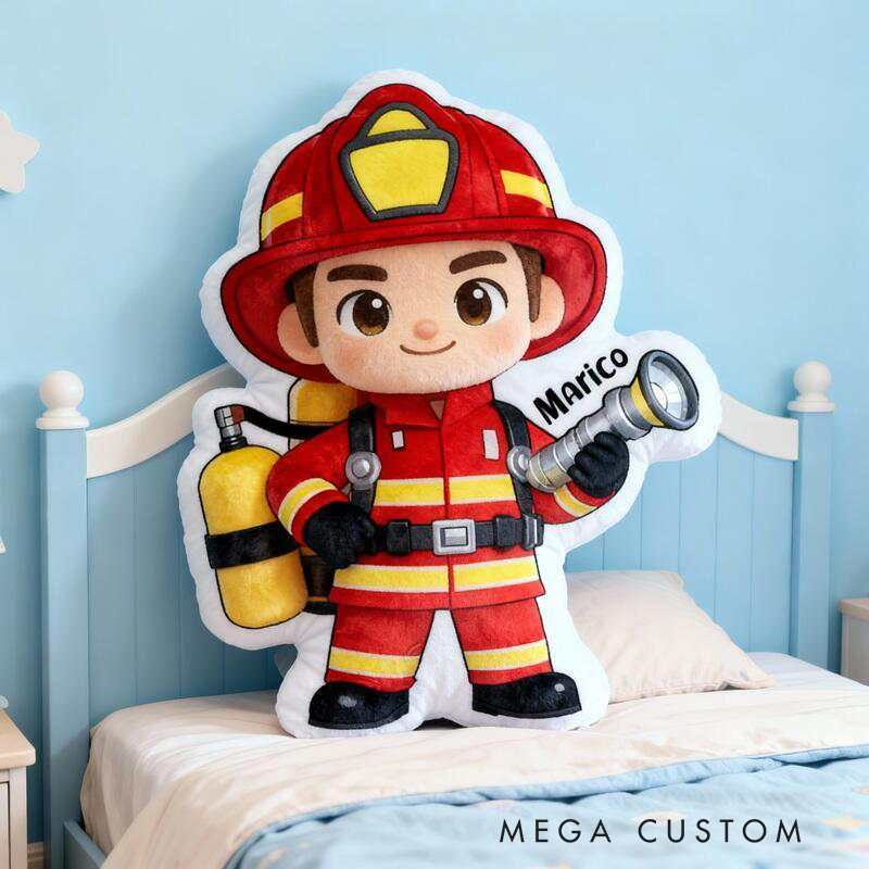 Personalized Firefighter Cartoon Pillow Custom Name Plush Cushion Hero‑Inspired Decorative Gift for Firefighter Enthusiasts
