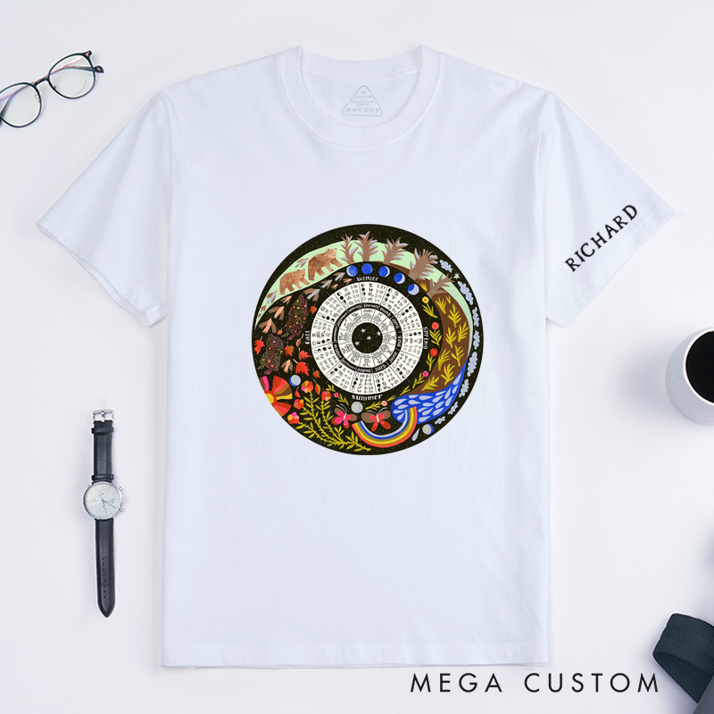 Personalized Nature Zodiac Calendar T-Shirt Custom Name Seasonal Moon Phase Chart Tee Unique Artistic Unisex Gift for Astrology Lovers and Family