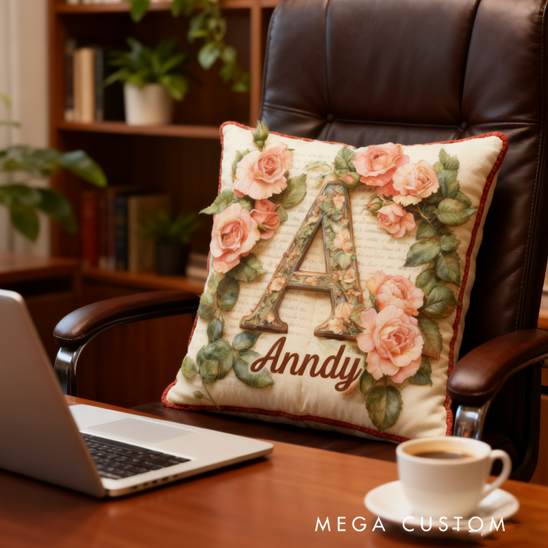 Personalized Rose Garden Book Alphabet Throw Pillow Vintage Floral Book Letter Pillow with Name for Kids Girl Gift for Reading Lover Pillow