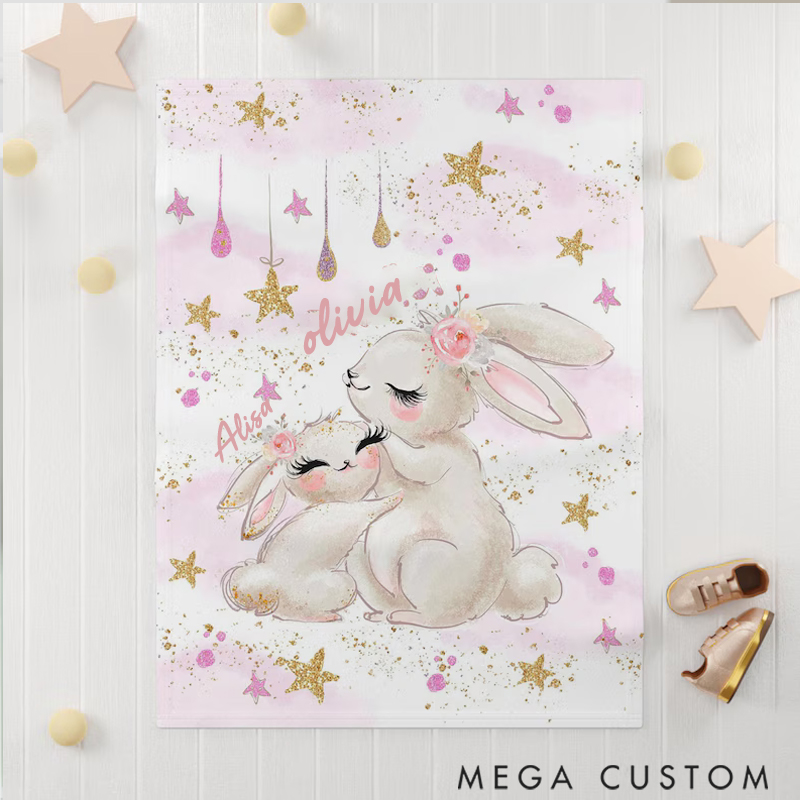 Personalized Bunny Baby Custom Name Floral Rabbit Blanket Flowers Room Decor for Mom Grandma Kids