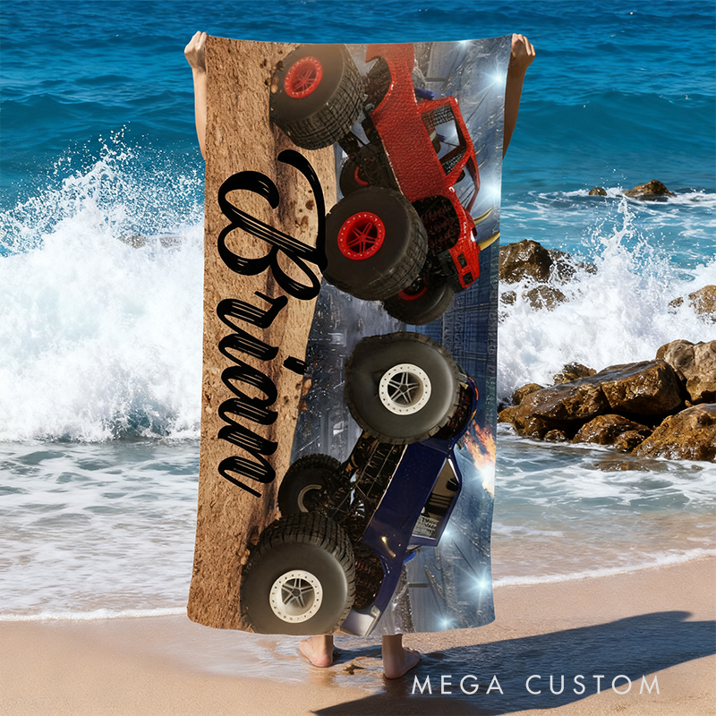 Personalized Monster Truck Beach Towel Custom Name Racing Off‑Road Style Towel Gift