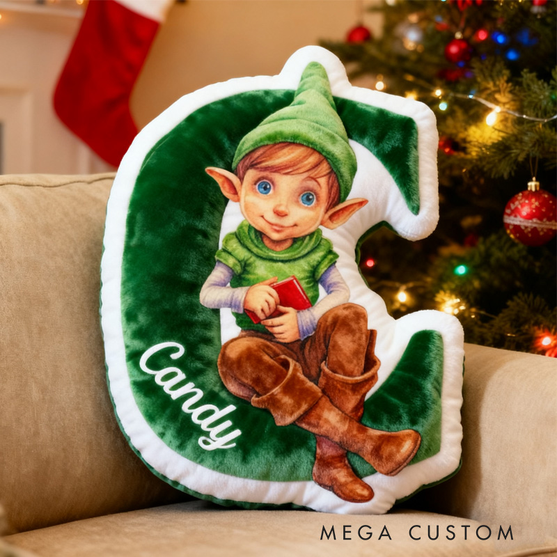 Personalized Reading Elf Alphabet Throw Pillow Book Elf Letter Pillow with Name Bookish Initial Reader Pillow Gift for Kids Boys Girl Book Lover Christmas Gift