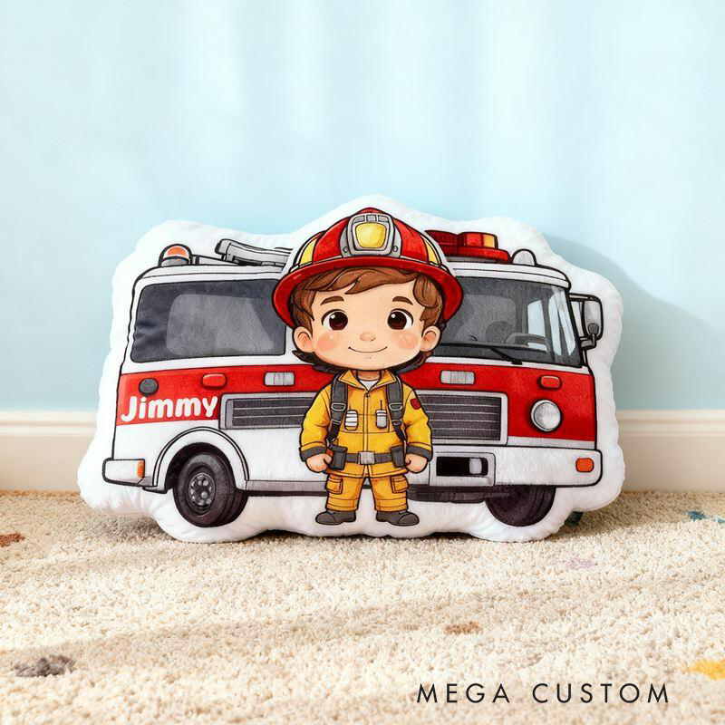 Personalized Cartoon Shaped Pillow Firefighter and Fire Truck Design Cool Gifts