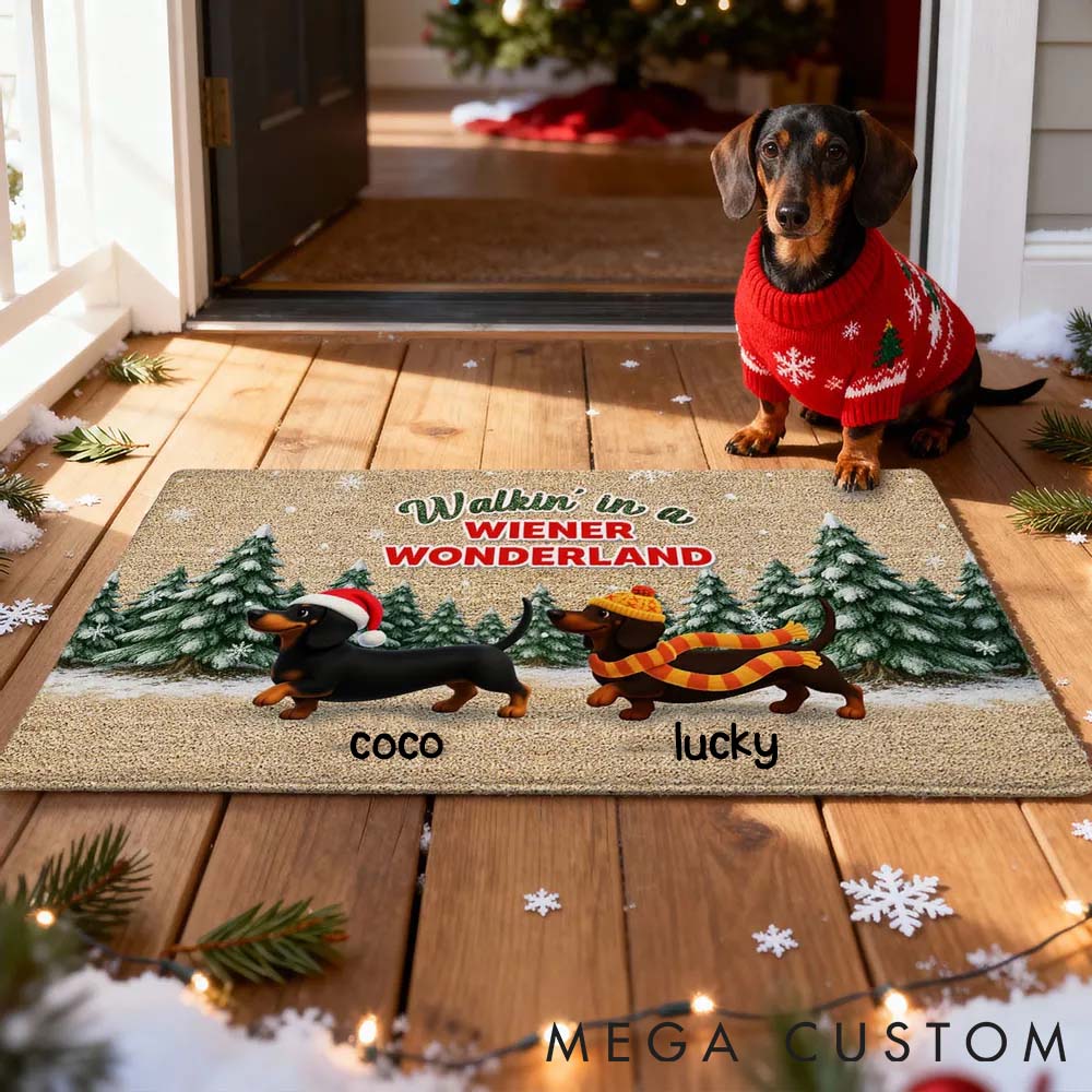 Personalized Dog Lover Dachshunds Walking in a Winter Wonderland Doormat