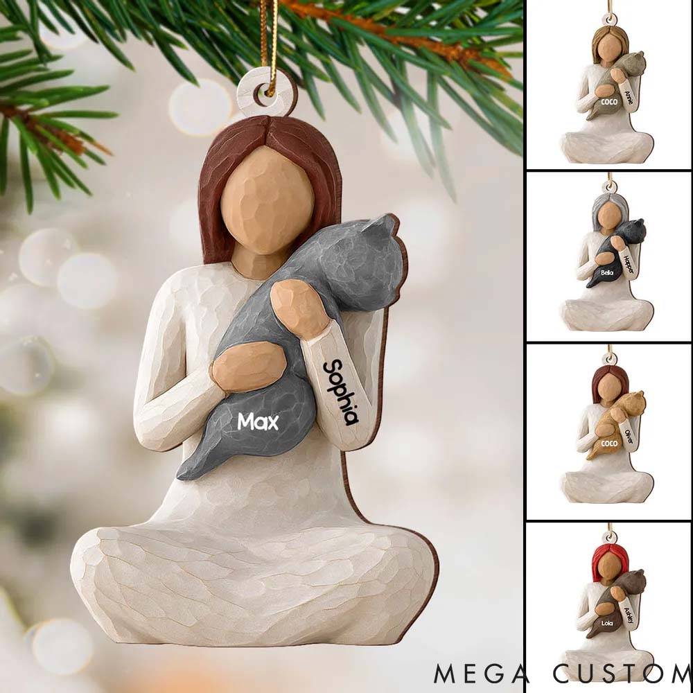 Personalized Cat Lover Woman Hugging Cat Christmas Ornament