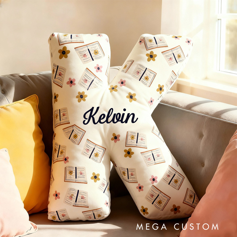 Personalized Floral Books Alphabet Throw Pillow Retro Book Letter Pillow with Name Bookish Initial Reader Pillow for Kids Boys Girl Book Lover Christmas Gift
