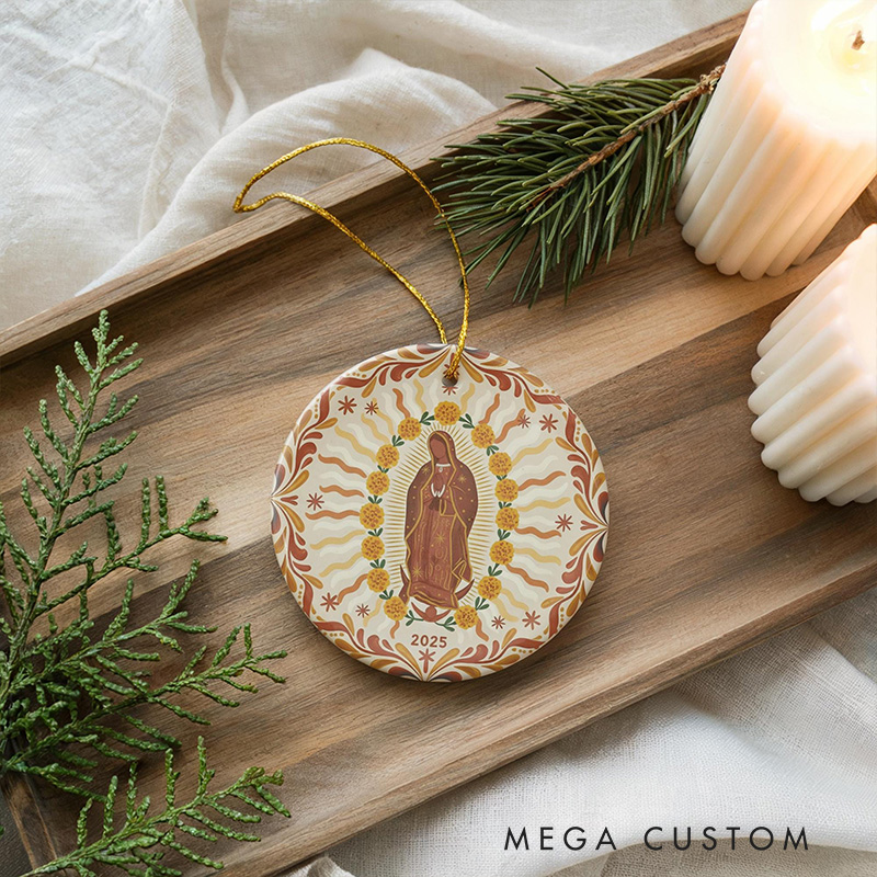 Personalized Our Lady of Guadalupe Marigolds Ceramic Ornament with Year Religious Gift Christmas Home Decor Catholic Gift