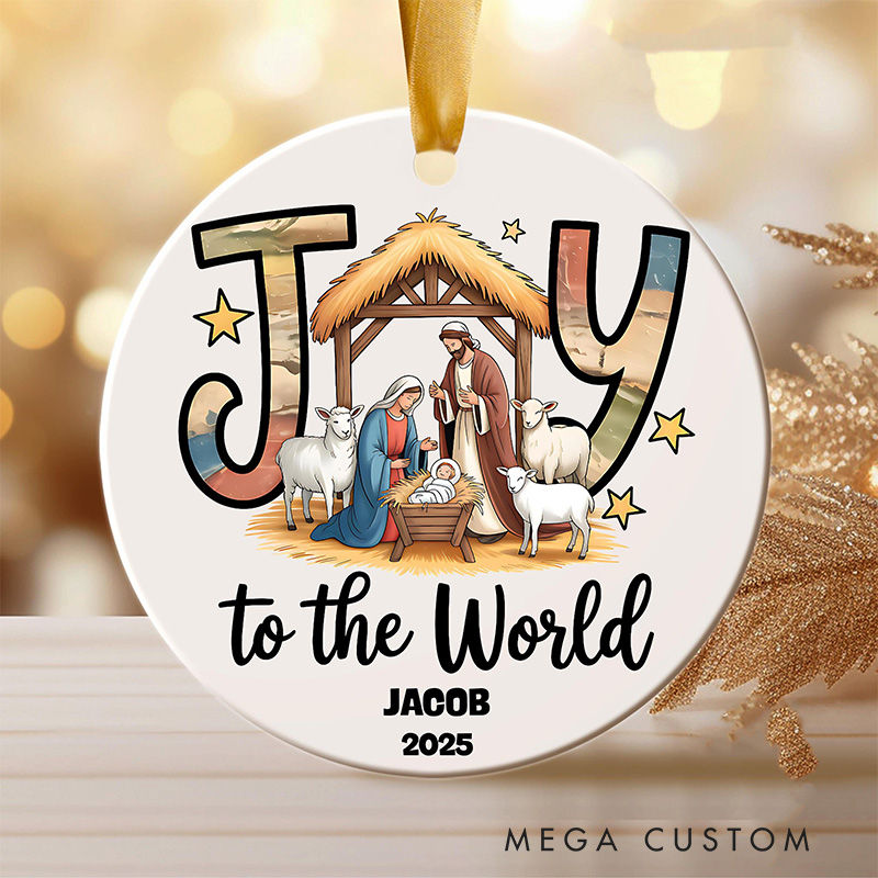 Personalized Joy to the World Nativity Scene Ceramic Ornament with Name Religious Gift Christmas Home Decor Gift Festival Gift