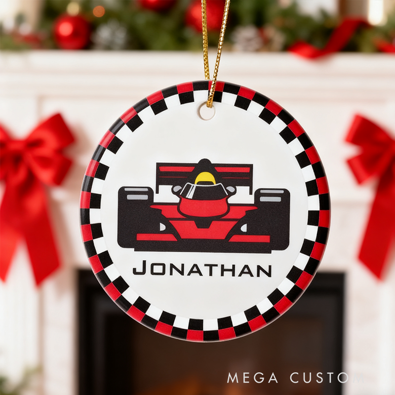 Personalized Racing Car Ceramic Ornament Custom Name Checkered Border Design Gift