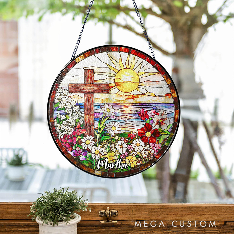 Personalized Cross Wildflowers Stained Glass Suncatcher Ornament with Name Window Balcony Hanging Decor Home Decor Religious Faith Gift