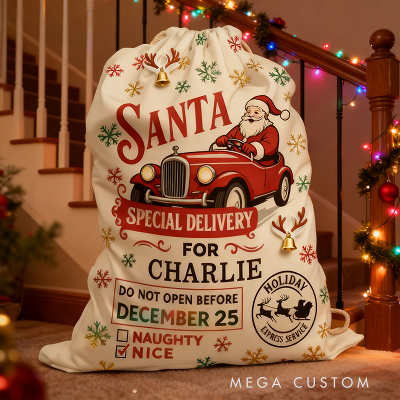 Personalized Santa Express Christmas Sack Custom Name Gift Bag Holiday Racing Delivery Fabric Toy Bag Festive Home Decoration