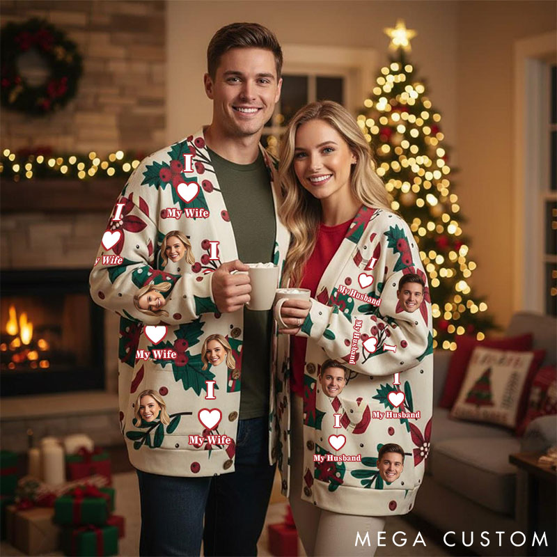 Personalized Couple Face Photo Christmas Cardigan Sweaters I Love My Husband Wife Christmas Knitted Cardigan Couple Christmas Gift