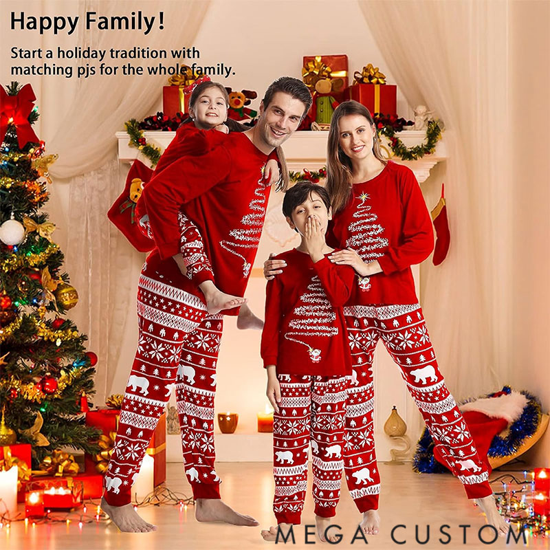 Personalized Christmas Pajamas for Family, Matching Family Christmas PJs Sets Christmas Tree Printed Top Sleepwear Festive Christmas Pajama Sets