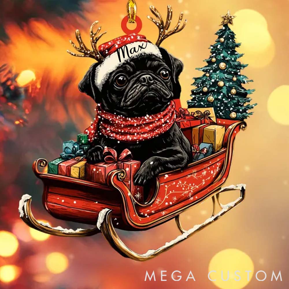 Personalized Pet Lover Custom Name Pet with Santa Hat Sitting on a Red Sleigh Christmas Ornament