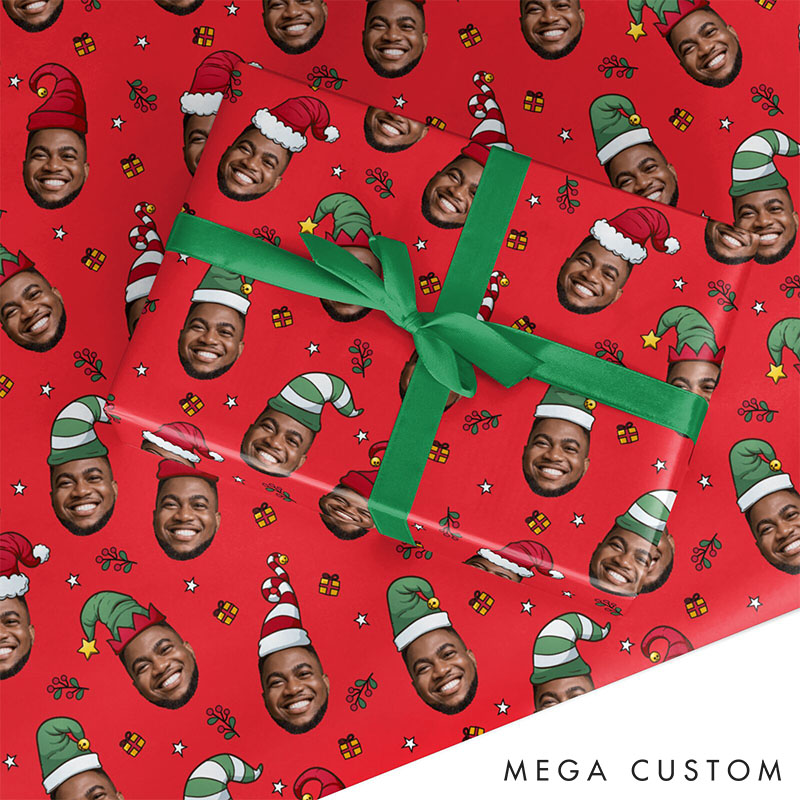 Personalized Face Christmas Wrapping Paper Custom Photo Face Xmas Hats Wrapping Paper Funny Festive Gift Wrap for Husband Boyfriend