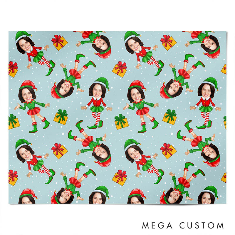 Personalized Funny Girlfriend Wife Photo Face Wrapping Paper Husband Boyfriend Elf Face Christmas Wrapping Paper Holiday Gift Wrap for Him Her