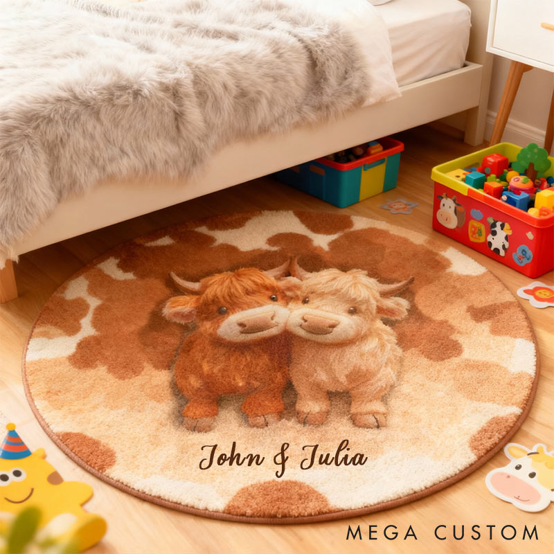 Personalized Couple Highland Cow Rugs Custom Name Cute Home Decoration for Husband Wife Christmas Gift for Couple Holiday Gift