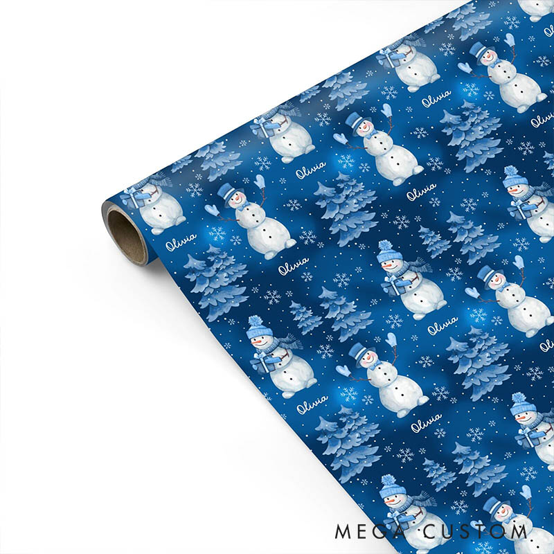 Personalized Blue Snowman Christmas Wrapping Paper Custom Name Christmas Wrapping Paper Holiday Gift Wrap for Girlfriend Wife Boyfriend Husband