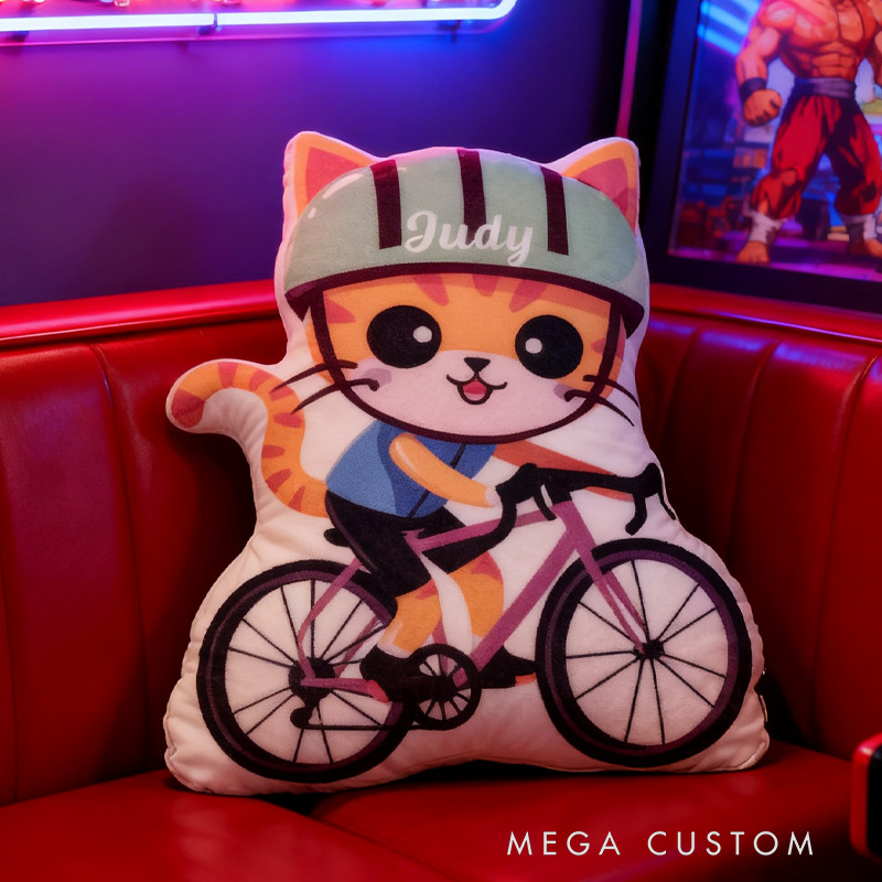 Personalized Cat Kitty Bike Pillow Cozy Graphic 3D Print Gamer Pillow Name Pillow Comfortable Travel Cushion for Kids Girls Riding Lovers