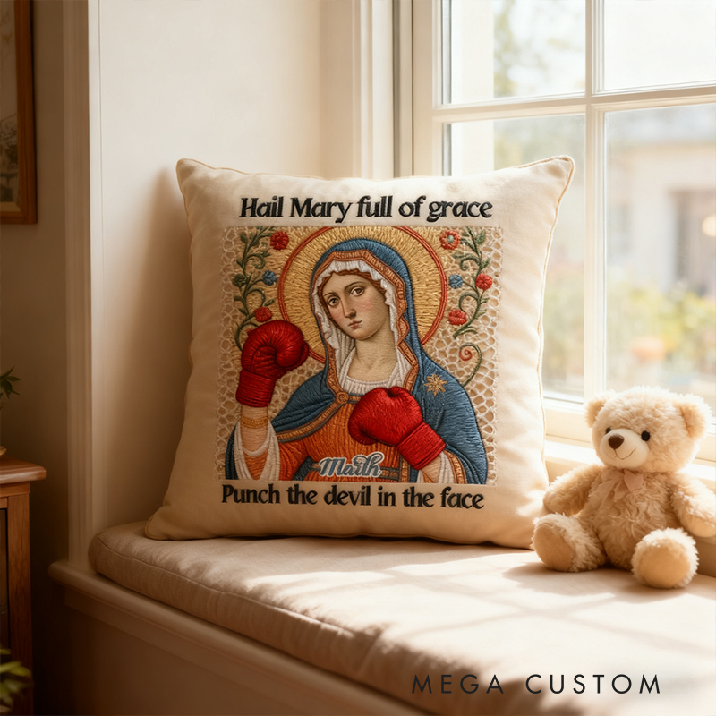 Personalized Hail Mary Full of Grace Punch the Devil in the Face Catholic Meme Pillow with Custom Name Humorou Religious Gift Graphic 3D Print Pillow