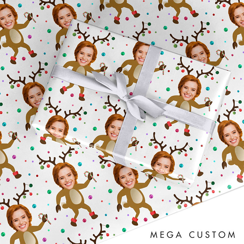 Personalized Reindeer Face Wrapping Paper Custom Funny Gift Wrap Reindeer Photo Face Wrapping Paper for Him Hei Christmas Gift Wrap