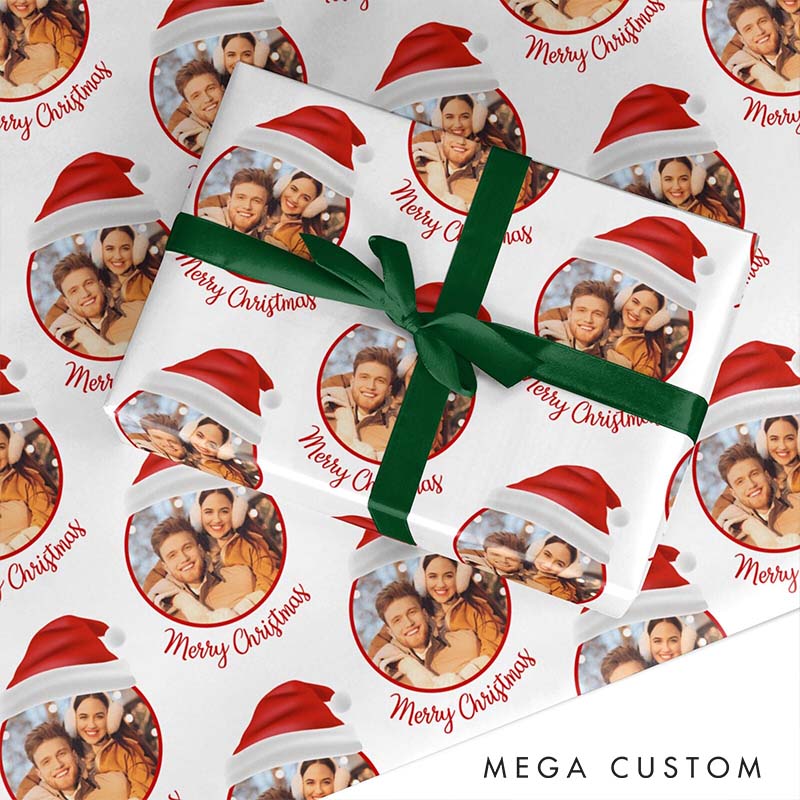 Personalized Couple Photo Santa Hat Christmas Wrapping Paper Custom Christmas Wrapping Paper Holiday Gift Wrap for Girlfriend Wife Boyfriend Husband