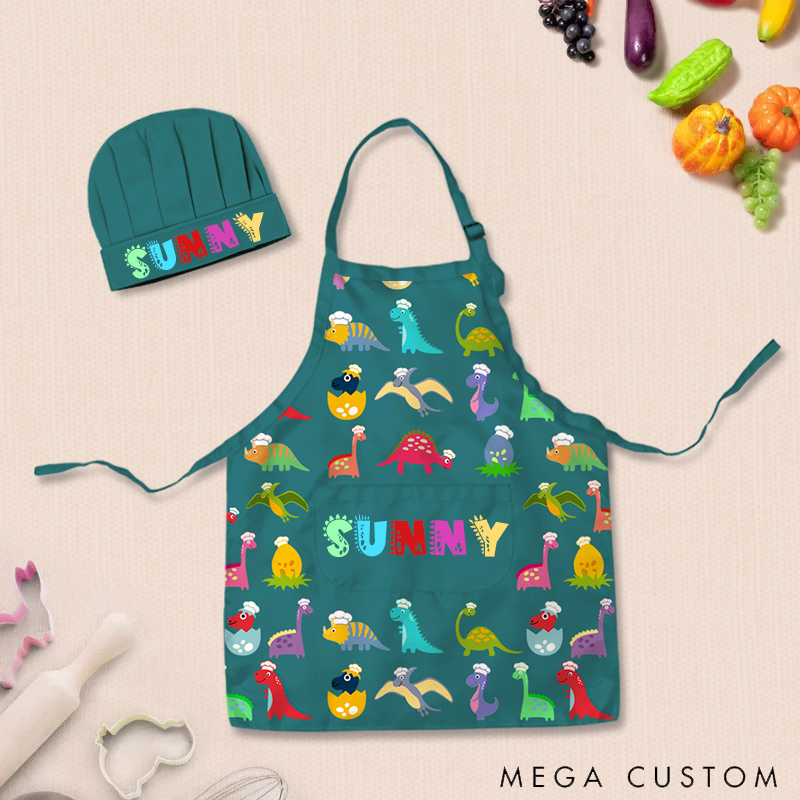 Personalized Fun Cartoon Dinosaur Adjustable Kid Apron Chef Hat Set with Pocket and Name for Cooking Baking Birthday Holiday Gift for Kids