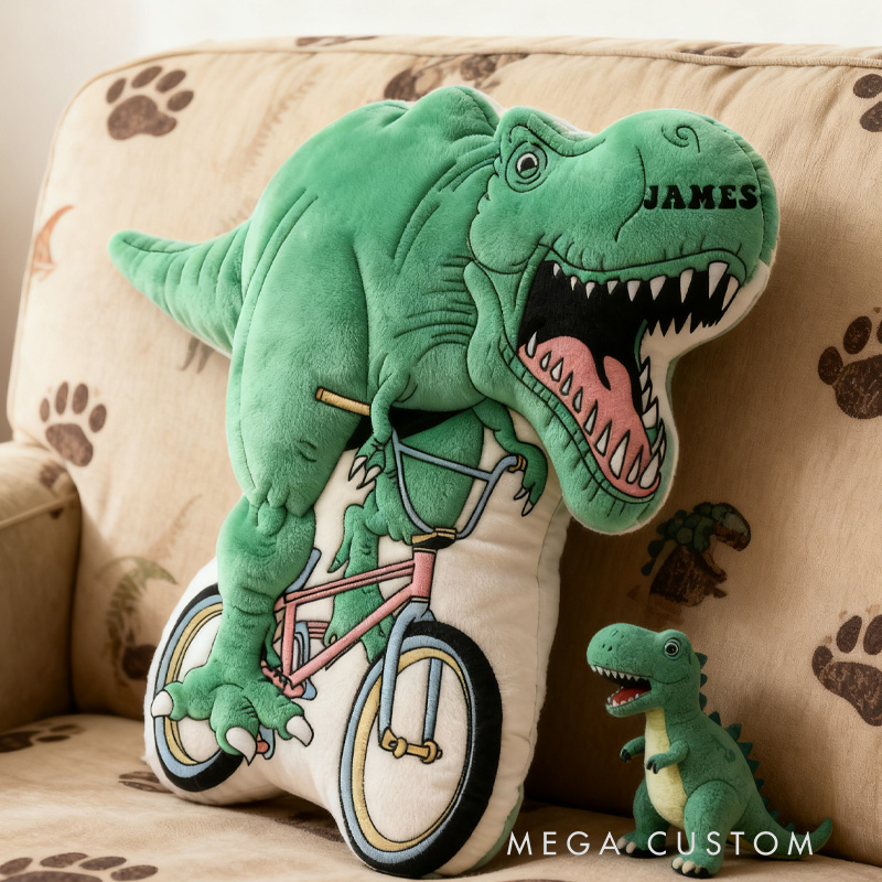 Personalized Dino Rider Bike Pillow Cozy Graphic 3D Print Dino Pillow Name Pillow Comfortable Travel Cushion for Kids Boys Riding Lovers