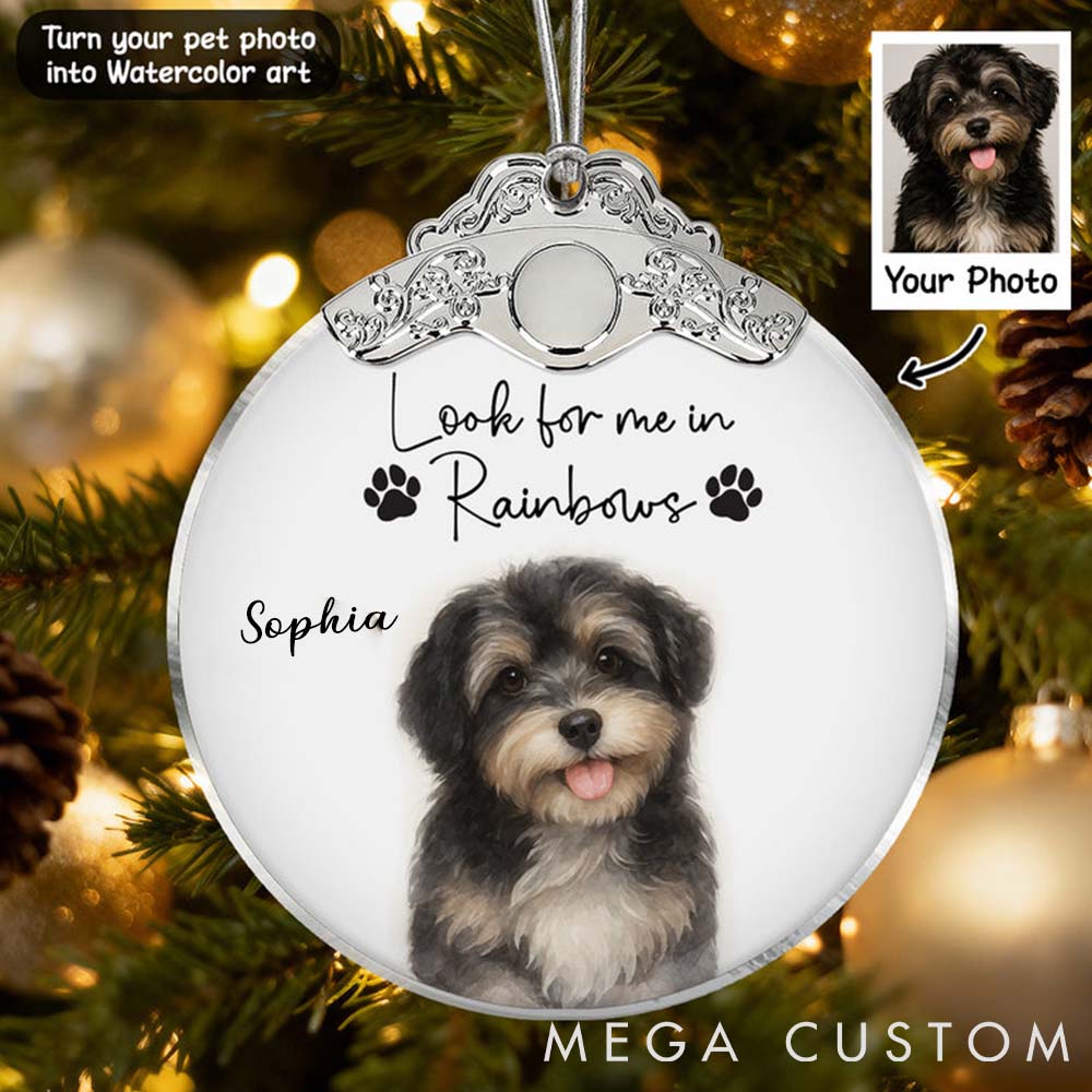 Personalized Pet Lover Custom Watercolor Portraits Using Pet Photo Look for Me in Rainbows Memorial Ornament